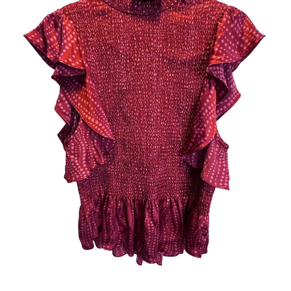 Cinq à Sept Evalina Smocked Top XL Red Mock Neck Ruffle Cap Sleeve Blouse
